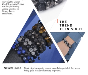 Detail of adjustable natural lava stone and tiger eye double layer unisex beaded bracelets