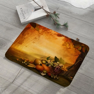 Absorbent flannel floor mat with autumn harvest pumpkins and grapes on wood floor