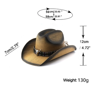 Detail view of straw cowboy hat with silver bull head charm and ethnic woven band