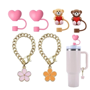 Pink heart and bear silicone straw covers with flower charm chains for tumbler cups