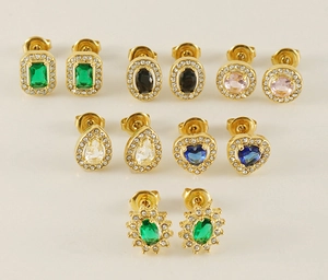 Set of six gold stainless steel stud earrings featuring colorful zircon stones and screw backs