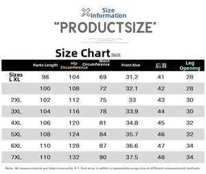 Detailed size chart for men's camouflage cargo pants showing L to 7XL dimensions
