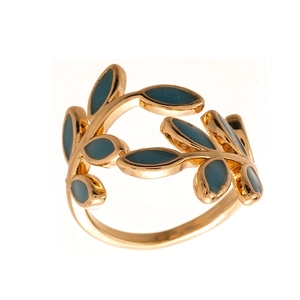 Elegant gold leaf ring with teal enamel finish in a vintage olive branch geometric design