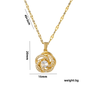 Rotating camellia zircon flower pendant necklace in gold titanium steel with 40+5cm chain