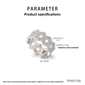 Detailed specs of hip hop diamond ring in stainless steel with 10mm width measurement