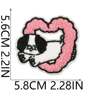Macro view of chenille dog embroidery patch with pink hearts showing 5.8cm width size