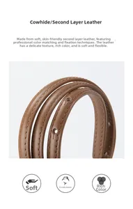 Detail of brown cowhide leather belt featuring soft texture and precise stitching
