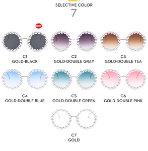 Detailed grid of oversized round pearl-rimmed sunglasses in seven diverse color options