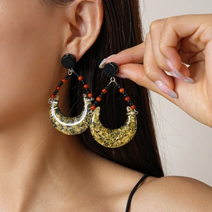 Retro Bohemian Crescent Moon Drop Earrings Resin Gold Foil Beads With 925 Sterling Silver Earring Post For Women