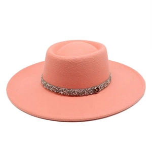 Flat top salmon wool felt fedora with rhinestone band and gold M letter charm
