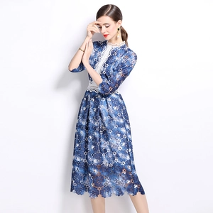 Blue floral lace A-line dress with white cutout trim and scalloped hemline