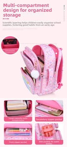 Pink school backpack detail showing multiple storage compartments and unicorn patterns