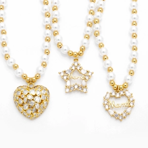 Mama Letter Pendant Necklace Imitation Artificial Pearl Gold Plated Copper Heart Star Zirconia Minimalist Jewelry For Women