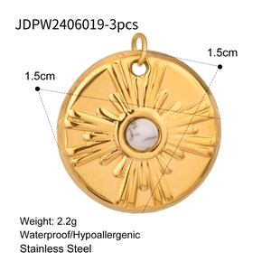 Detail of 18k gold plated sunburst pendant with marble stone and product specifications
