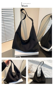 Three-view display of a black matte hobo bag showcasing its soft crescent shape and wide strap