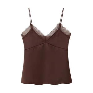 Women's dark brown satin camisole with sexy V-neck lace trim and glossy silk texture