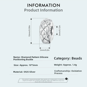 Detail of S925 sterling silver diamond pattern stopper bead with inner silicone ring