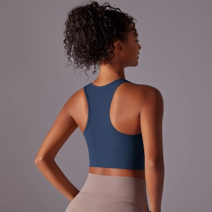 Rear view of deep blue racerback sports bra with high support and professional athletic fit