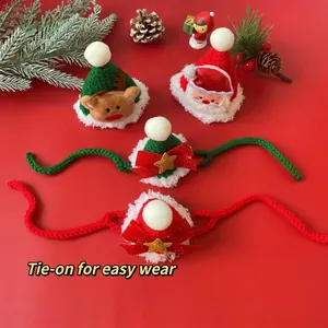 Handmade Christmas pet hat and collar set with reindeer and Santa Claus designs