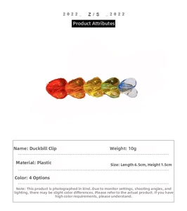 Detail showing a 6.5cm colorful gradient heart bead hair clip with material specifications