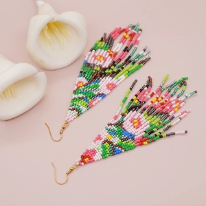 Bohemian colorful seed bead tassel earrings with geometric floral pattern for women