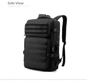 Side view of black tactical backpack with MOLLE webbing and side mesh bottle pocket