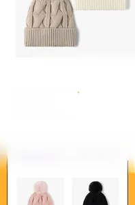 Detailed close-up of thick cable knit texture and faux fur pom-poms on warm winter hats