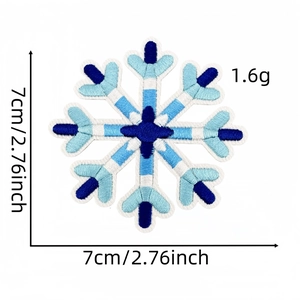Detailed embroidery view of 7cm snowflake patch with dimensions and texture details