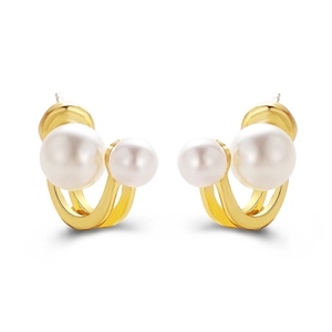 Detail showing the elegant double pearl and gold C-shaped earrings on a white background