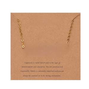 Detailed view of Capricorn zodiac necklace in 18k gold plating on brown card
