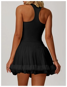 Racerback black athletic dress with layered pleated mesh skirt view from the back