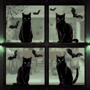 Stickers Halloween chat noir aux yeux verts et chauves-souris pour décor mural