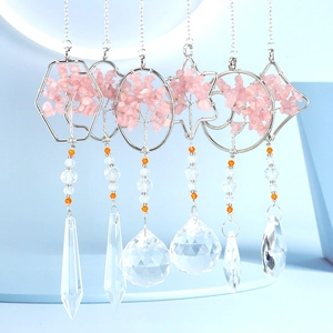 Pink crystal tree of life wall hanging with silver metal wire and clear crystal prism
