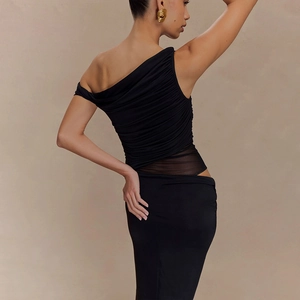 Sultry black one-shoulder slim dress with mesh cutout waist and elegant ruched details