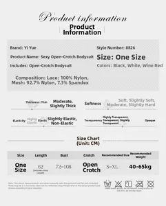 Detailed size chart for lace crotchless bodysuit with nylon and spandex fabric specs