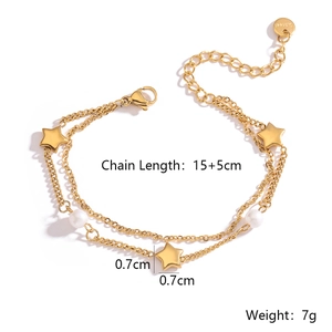 Detail of gold double-layer star and pearl stainless steel bracelet with sizing info