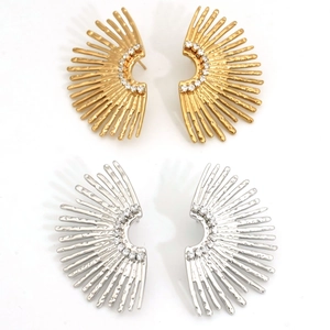 Stainless Steel Fan Shaped Stud Earrings With Rhinestone Sunburst Geometric Hammered Jewelry For Women