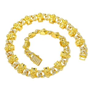 Hip Hop Cuban Link Chain Necklace Bracelet Alloy Rhinestone Iced Out Skull Head Streetwear Men