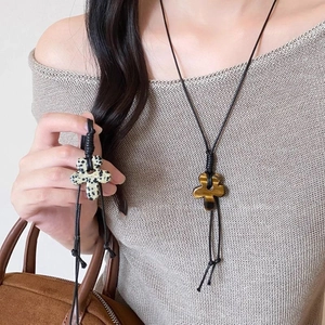 Flower Pendant Necklace Natural Tiger Eye Spotted Stone Black Wax Cord Vintage Ethnic Handmade Jewelry For Women