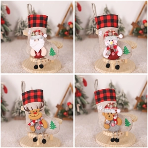 Christmas Stockings Linen Buffalo Plaid Hanging Decoration Santa Snowman Reindeer Bear Festive Holiday Home Party Decor