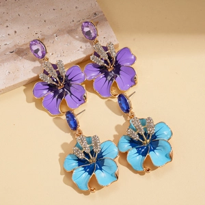 Vintage floral drop earrings with crystals and enamel in purple and teal blue tones
