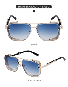 Detail view of steampunk sunglasses with gold metal frame and blue gradient lenses