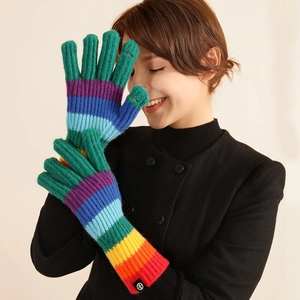 Rainbow striped knit touchscreen gloves with finger openings for men and women