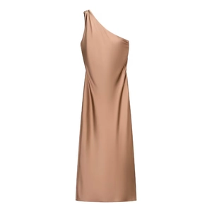 Elegant champagne satin maxi dress featuring an asymmetrical one-shoulder design