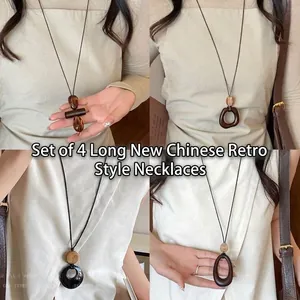 Vintage Geometric Pendant Necklace Resin Wood Long Sweater Chain Ethnic Style Jewelry For Women