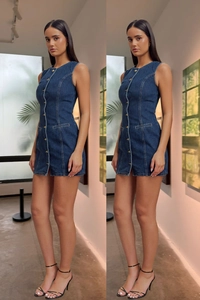 Dettagli dell'abito in denim senza maniche blu scuro con bottoni in metallo e vestibilità slim