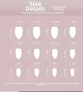 Size chart for 12 sizes of short almond aurora cat eye fake nails with dimensions in mm