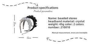 Macro view showing dimensions of beaded crystal flower headband with 3D weave detail