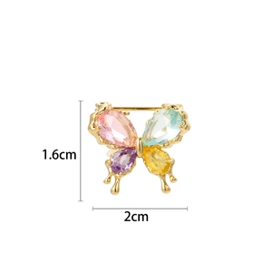 Elegant gold butterfly brooch with colorful crystals and lava drip design, size 1.6x2cm