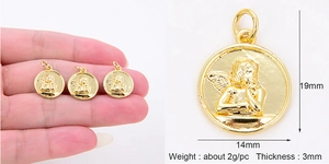 Detailed view of golden angel relief pendant with dimensions 19mm by 14mm for DIY jewelry